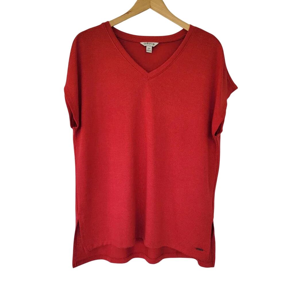 Orvis V Neck Short Sleeve Top Red Women Size M Relaxed Fit Lightweight Stretch